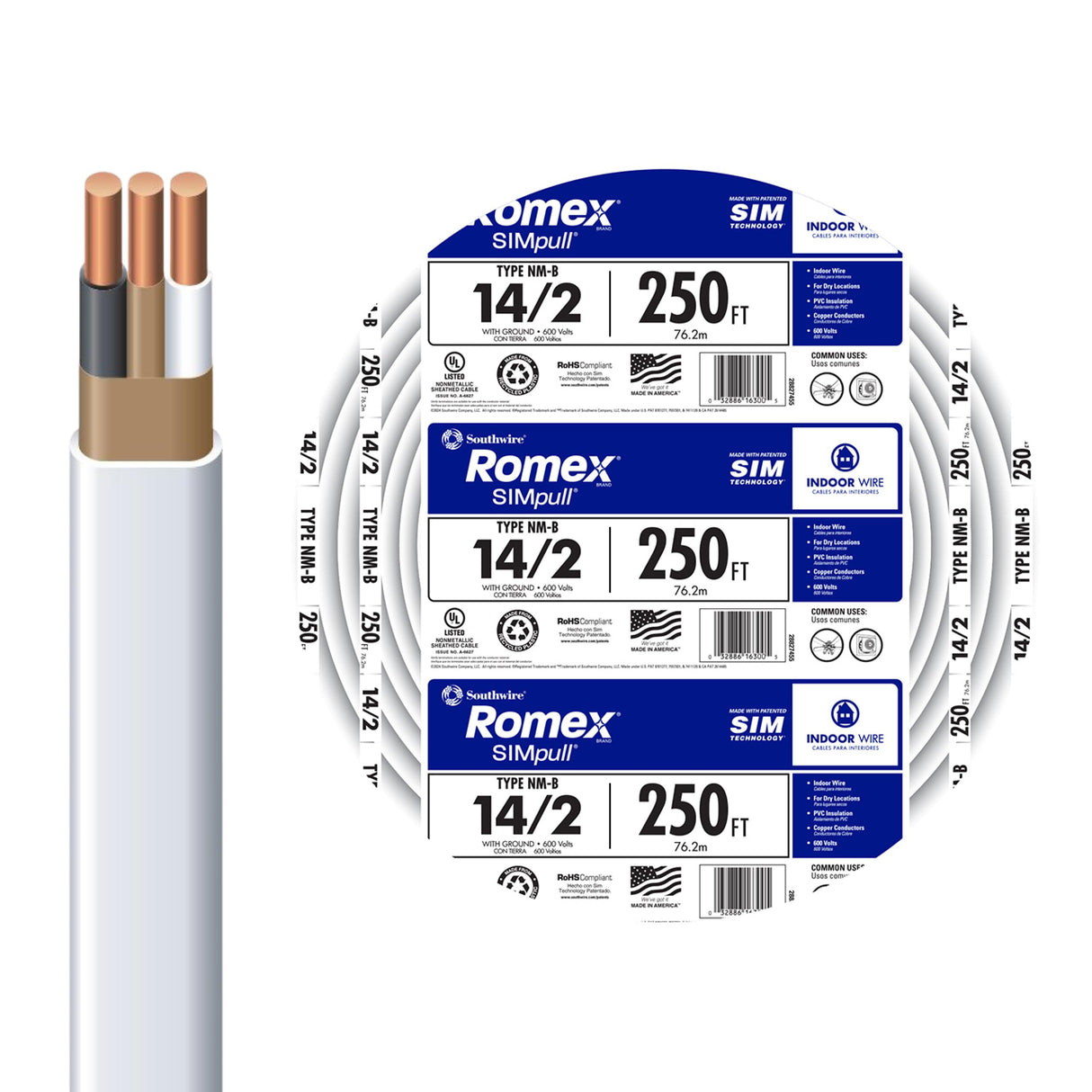 SOUTHWIRE Company #28827455 250' 14/2 W/G NM Indoor Cable, for Dry Location, Compatible with Standard Electrical Devices