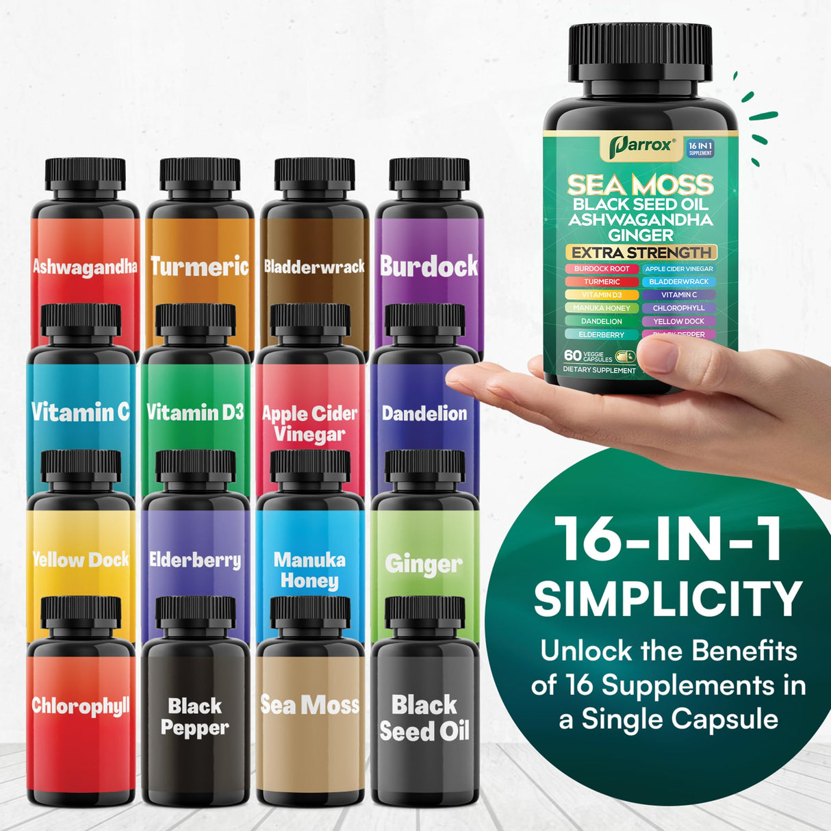 Parrox Sea Moss, Black Seed Oil, Ashwagandha, Turmeric, Chlorophyll, Dandelion, Ginger, Vitamin D3, Black Pepper, Elderberry, ACV, Yellow Dock, Burdock Root, Manuka, Vitamin C, Bladderwrack (60 Caps)