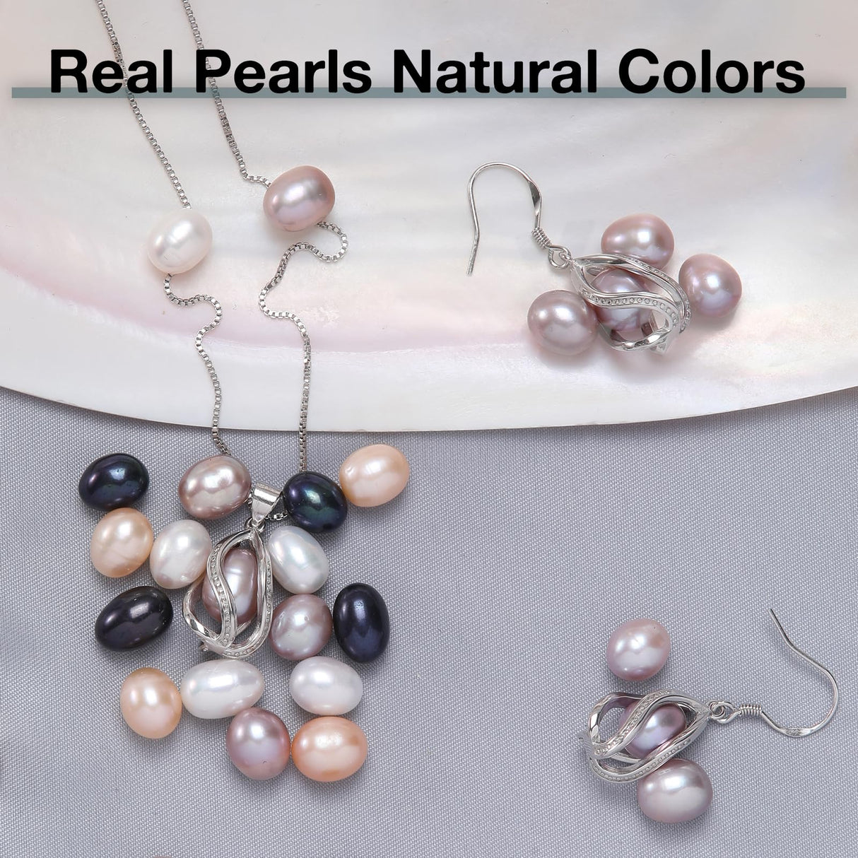 HENGSHENG Pearl Jewelry Set For Women S925 Sterling Silver Necklace & Earrings Set Freshwater Pearl Pendant Cage Set for Wedding Anniversary Prom Birthday Gift - Silvery Purple
