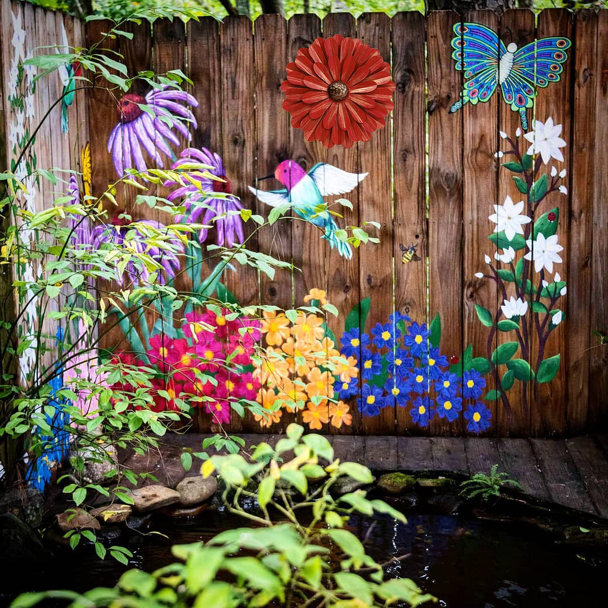 EASICUTI Red Metal Flowers Wall Decor Metal Wall Art Decorations Hanging For Indoor Outdoor Home Bathroom Kitchen Room Bedroom Living Room Garden Patio Porch 12 Inch