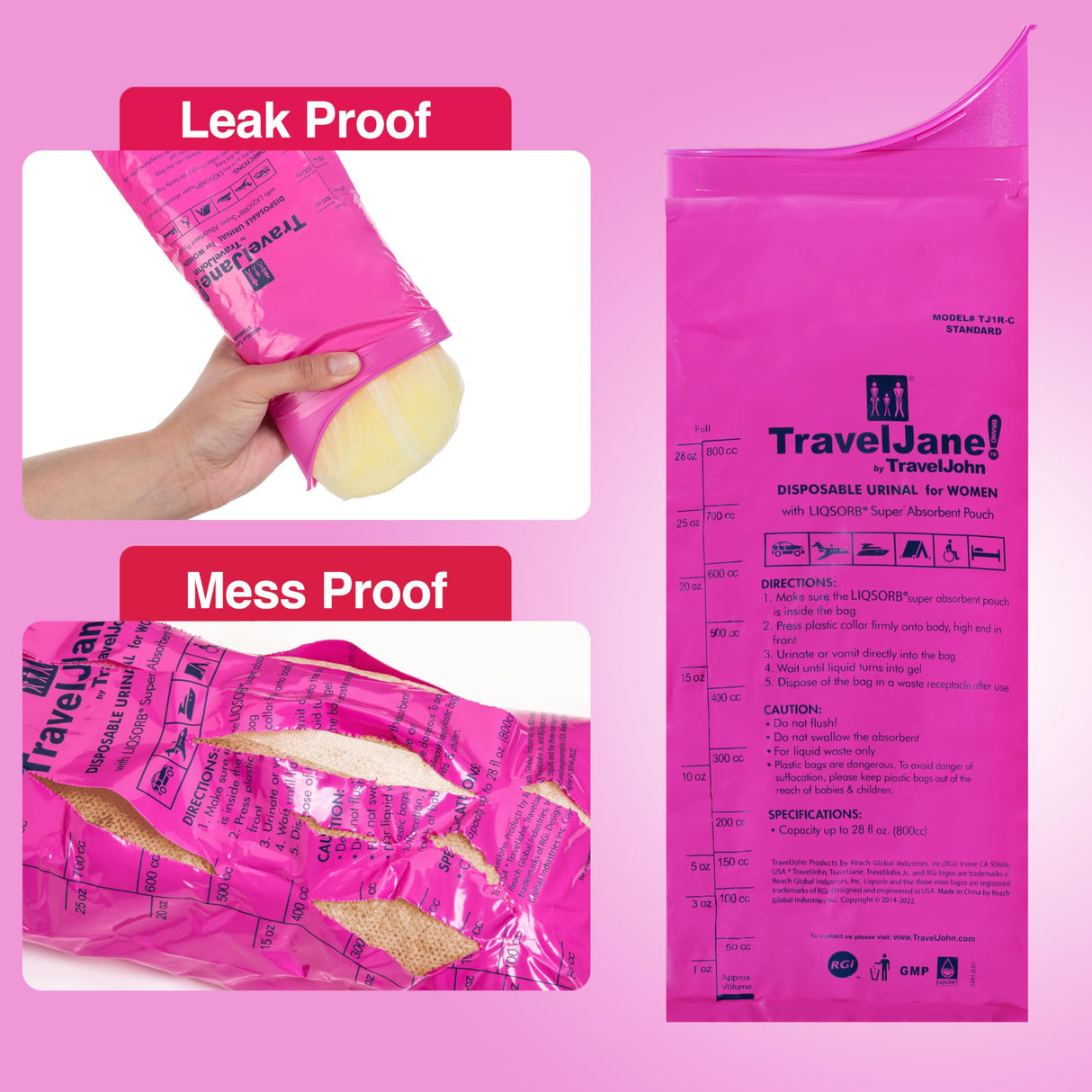 TravelJohn TravelJane Disposable Urinal for All Genders, Adults, and Children(18 Pack), Pink