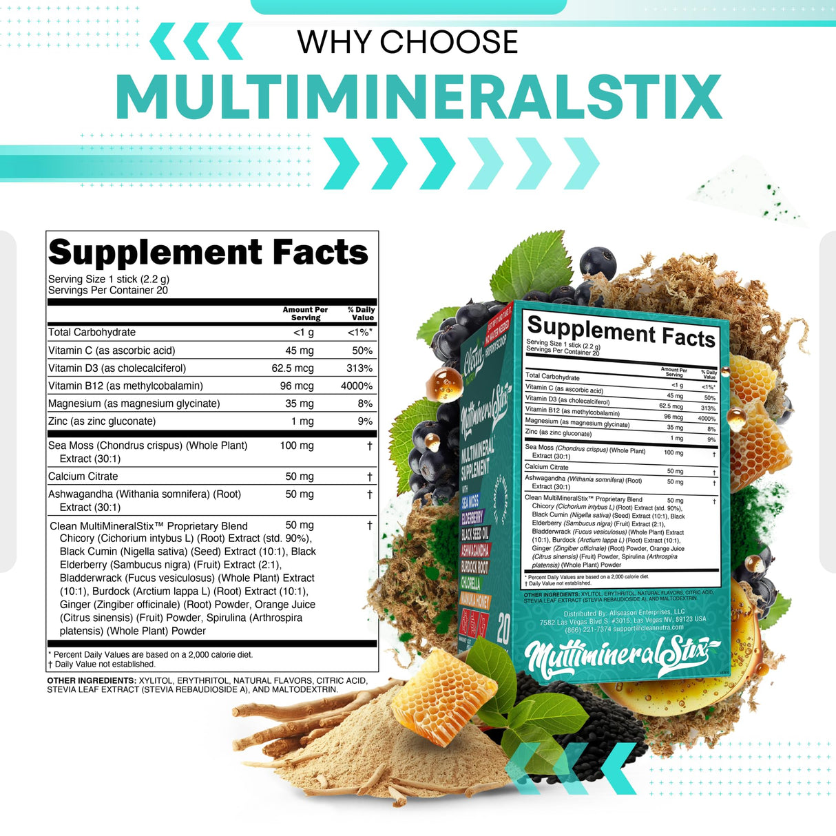 Sea Moss Powder Elderberry Ashwagandha Chlorella Manuka Honey VitaminD3 Vitamin C Zinc Spirulina Iodine Greens Detox Immune Support Sugar Free Hydration Powder Drink Mix – 20 Sticks