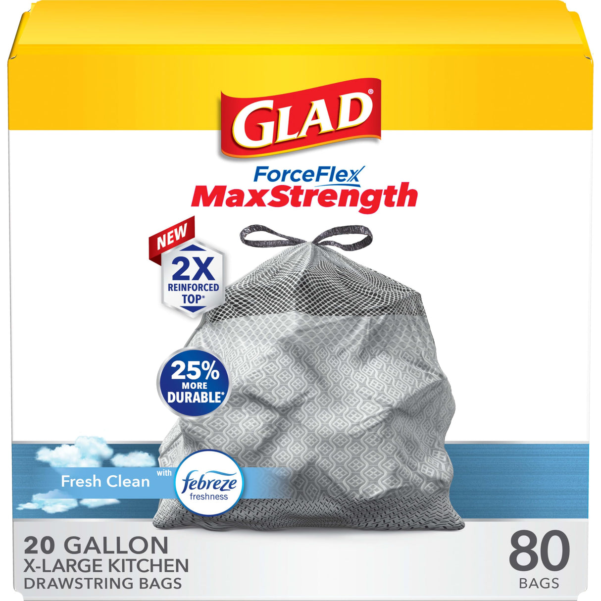 Glad Tall Kitchen Trash Bags 20 Gallon, XL MaxStrength Febreze Fresh Clean Garbage Bags, Drawstring, 80 Count