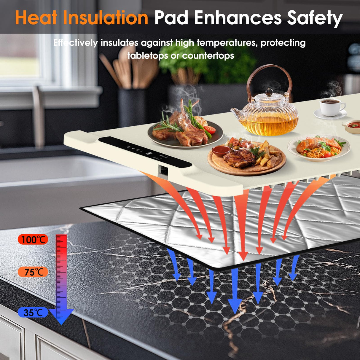 Warming Mat for Food with Heat Resistant Pad, 36"x16" Food Warmer Mat for Countertop Food Warmer Custom Temperature Settings 10H Timer Portable Heating Pad for Parties Buffets Holiday Home Use (Beige)