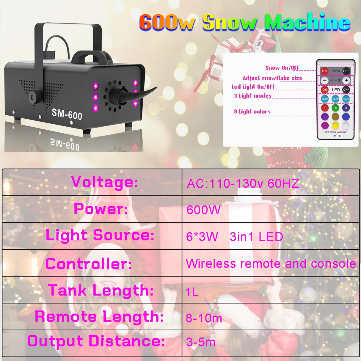 Snow Machine with LED Lights 600w, Remote Control, Perfect for Parties Indoor, Christmas, Wedding, Stage Effect,A-600w