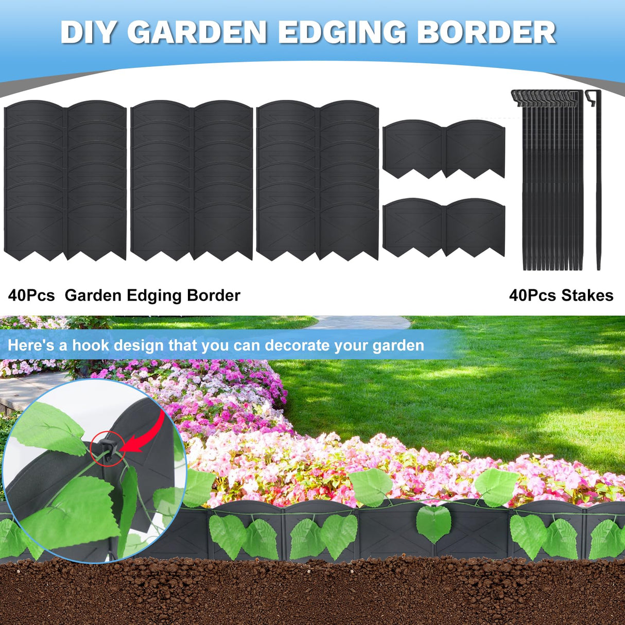6 in Tall 40Ft Landscape Edging Black Garden Edging &40Pcs Garden Stakes