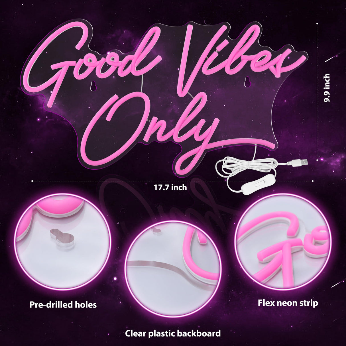Kavaas Good Vibes Only Neon Signs for Wall Decor 17.7" x 9.9" | Pink Good Vibes Only LED Sign for Bedroom, Party, Bar, Salon - Best Gifts for Birthday, Christmas