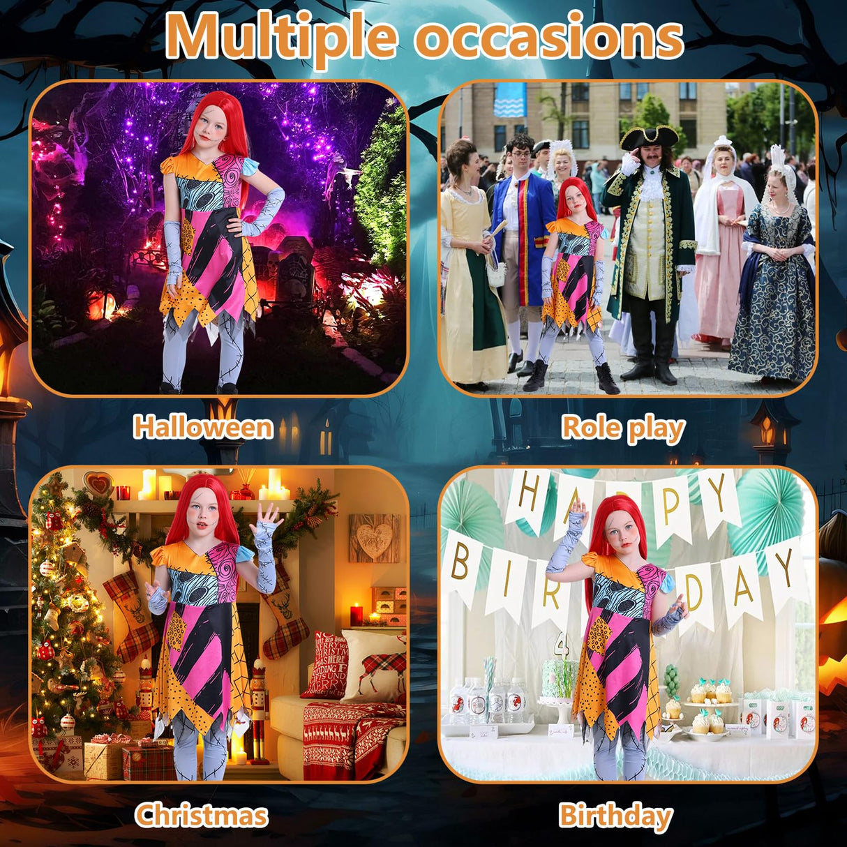 jiobabe Sally Costume Kids Doll Princess Costume Girls Patch Sally Dress Toddler Halloween Costumes Nightmare Cosplay Christmas Dress-up Set with Wig Tattoo Stickers GR044M