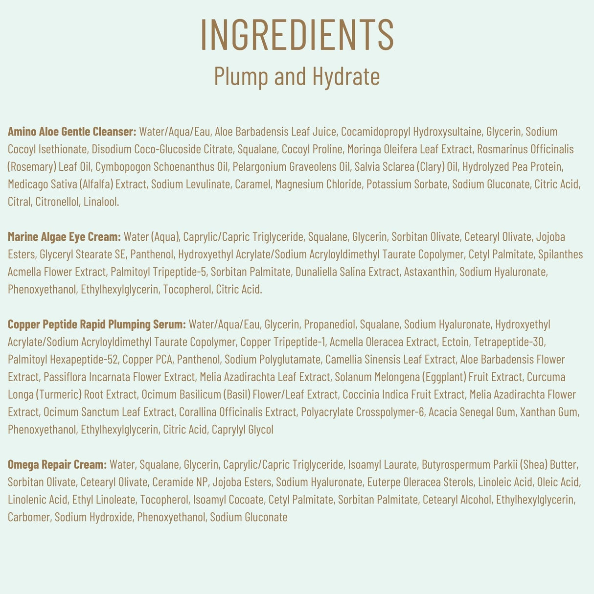 Biossance Plump and Hydrate Skincare Set - Amino Aloe Gentle Foaming Cleanser, Marine Algae Eye Cream, Copper Peptide Rapid Plumping Serum & Omega Moisturizer For Face Lock In Hydration For Your Skin