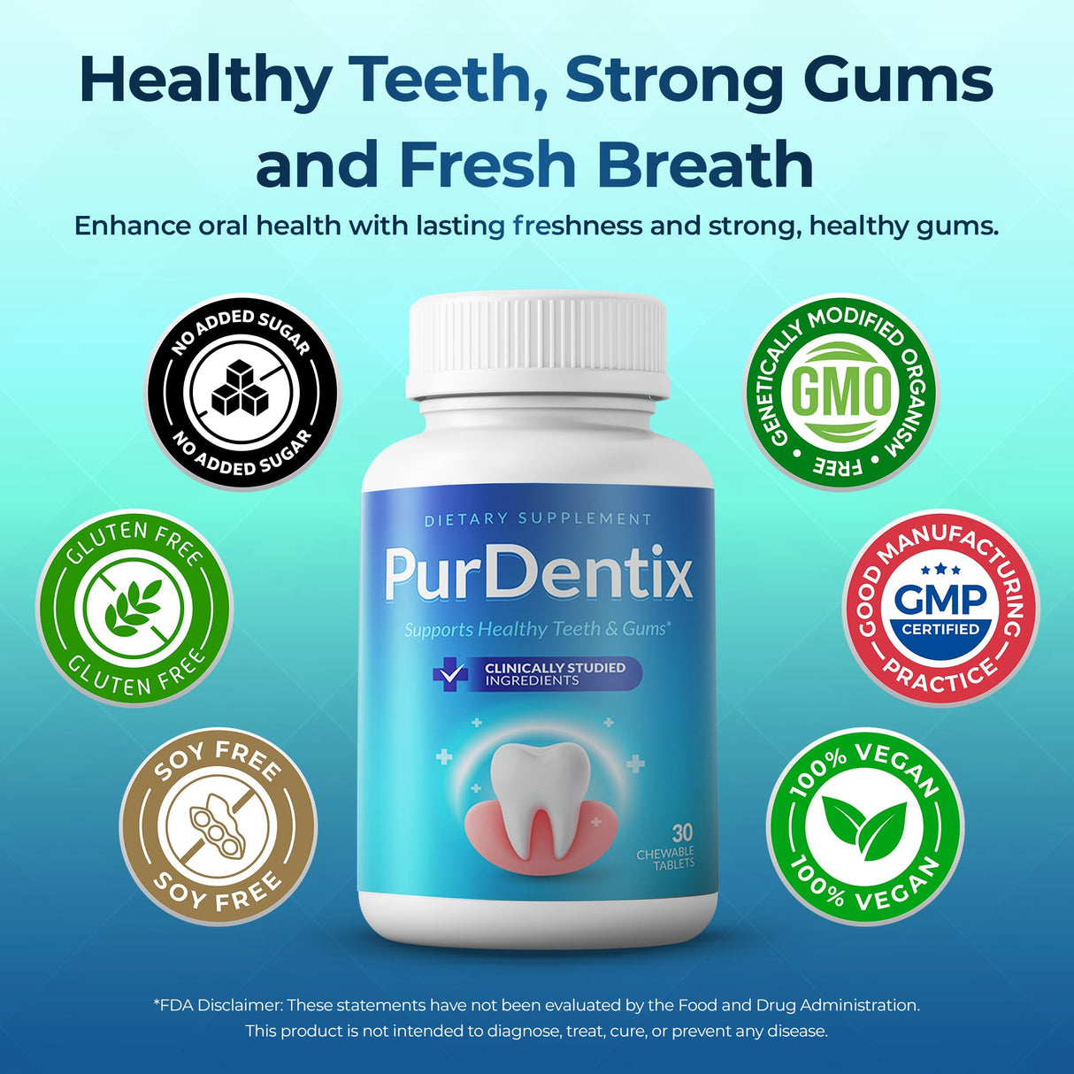 PurDentix Oral Health Probiotic – 4-Strain Formula for Healthy Gums, Teeth & Fresh Breath – 30 Chewable Tablets