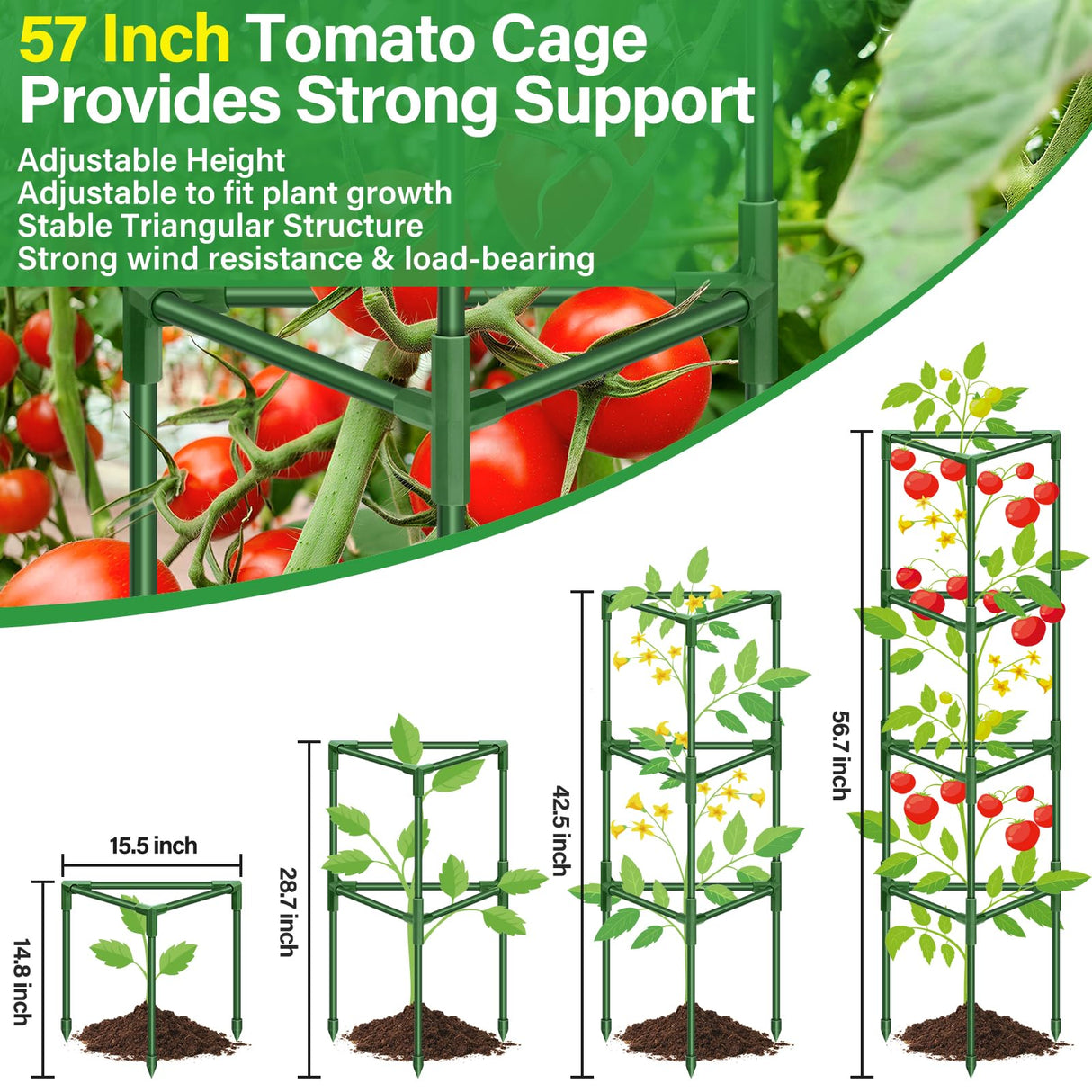 Legigo 2 Pack 57 Inch Tomato Cage for Garden, Heavy-Duty Tomato Trellis Plant Support Stakes, Adjustable Garden Trellis Plant Cage for Climbing Plants Peppers Outdoor Raised Garden Bed and Vegetables