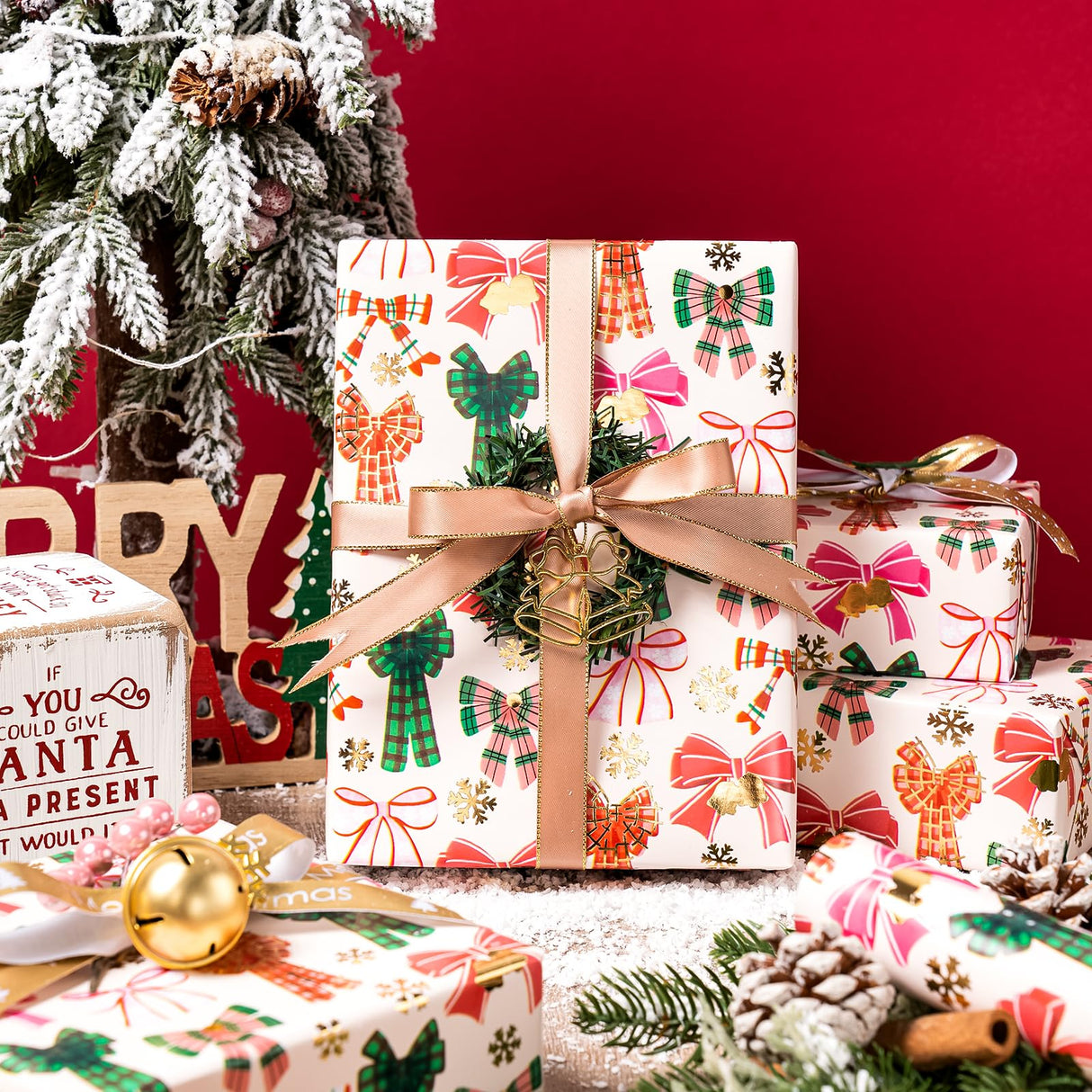 WRAPAHOLIC 30 Inch Jumbo Bow Christmas Wrapping Paper - 30 Inch x 33 Feet - Gold Foil Snoflakes and Plaid Bow Wrapping Paper for Girl Boy Kids, Christmas, Holiday