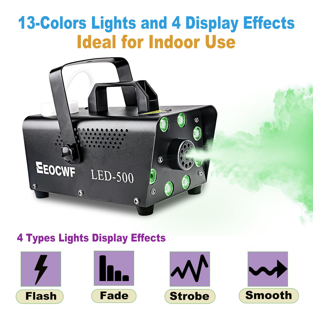 Upgraded Fog Machine, Mini Smoke Machine 2000CFM Fog Output 8 LED 13-colors Lights with Wireless Remote Support Timing, 500W Auto Spray Fogger for Christmas Halloween Party DJ Show Wedding Indoor Use