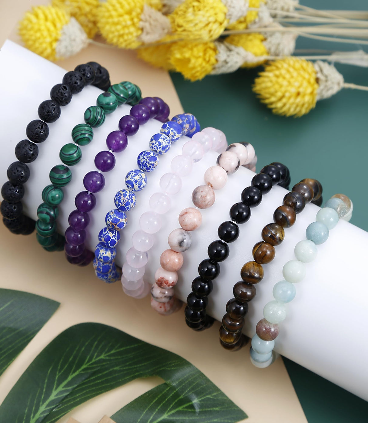 BOMAIL 9PCS Natural Stone Crystal Beaded Bracelets for Women