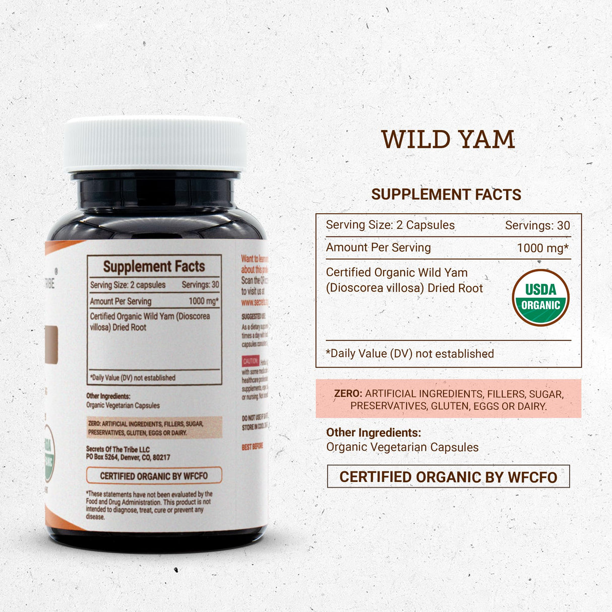 Secrets of the Tribe Wild Yam USDA Organic Capsules 1000 mg Responsibly farmed Wild Yam (Dioscorea Villosa) Dried Root, Hormone Support Supplement (60 Capsules)