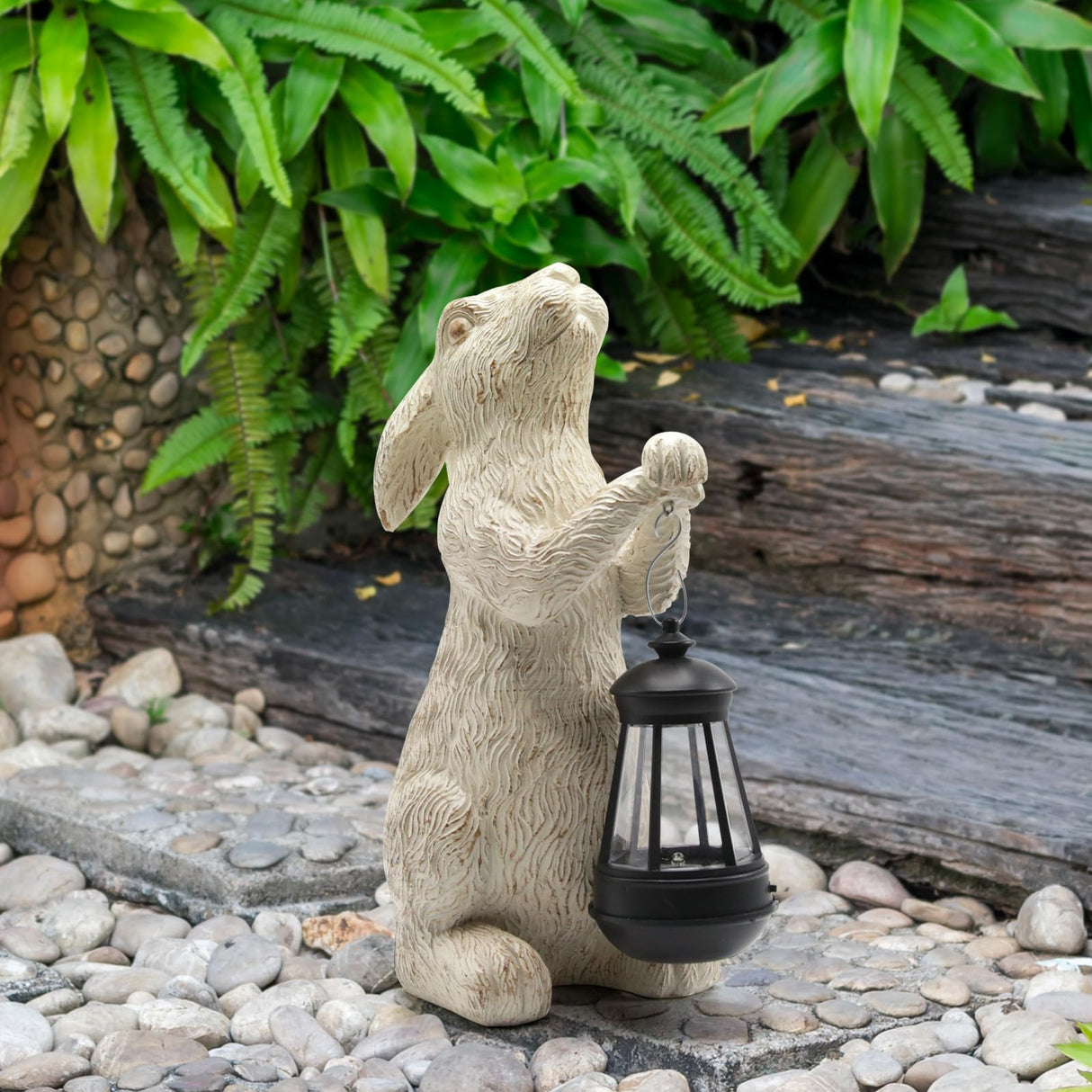 REYISO Garden Statues Rabbit with Solar Lights- Bunny Figurine Outdoor Rabbit Fall Decor for Home Lawn,Balcony-Yard Art Garden&Patio Whimsical Decor,Unique Housewarming&Birthday Gifts for Women Mom