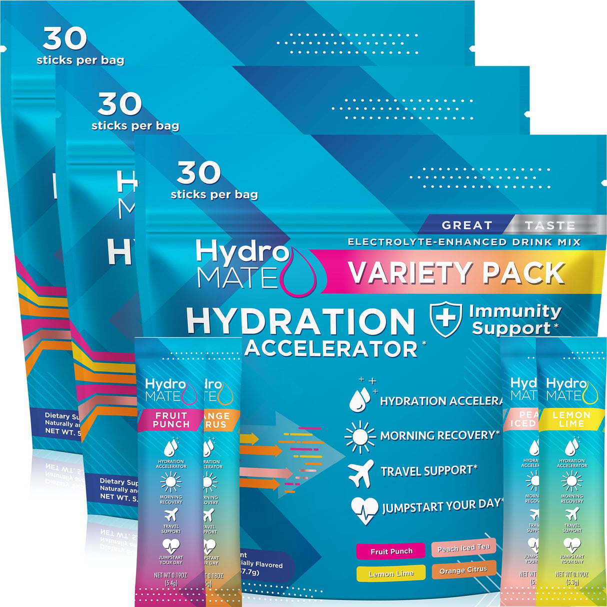 NatureWorks HydroMATE Electrolytes Powder Drink Mix Packets Hydration Accelerator Low Sugar Rapid Party Relief Plus Vitamin C Variety Pack 90 Count