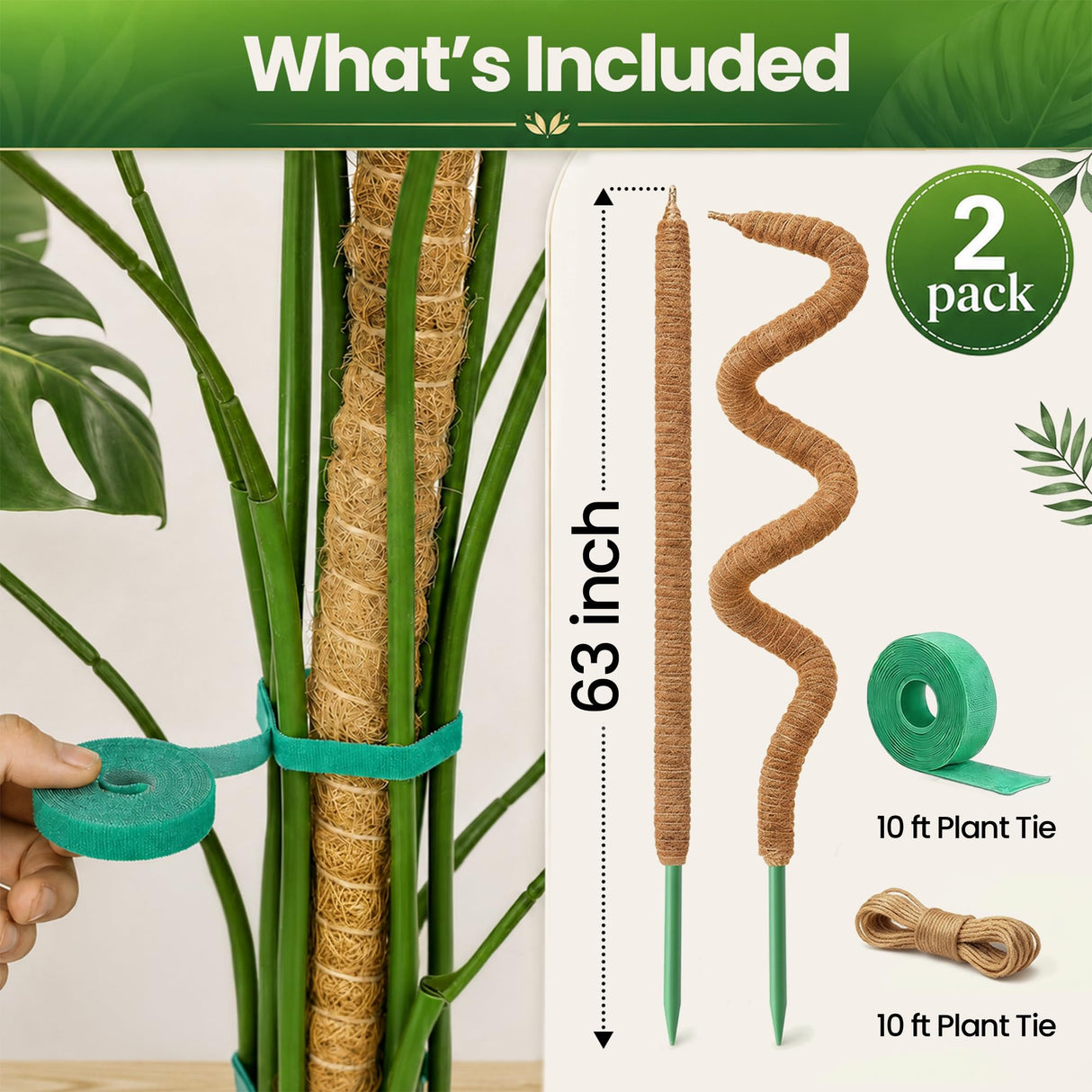 2 Pack 63'' Bendable Moss Pole Monstera Plant Support for Large Climbing Indoor Plants - Stakes for Potted Climbers - Tall Sticks Indoor Trellis for Houseplants - Accessories for Monstera Pot