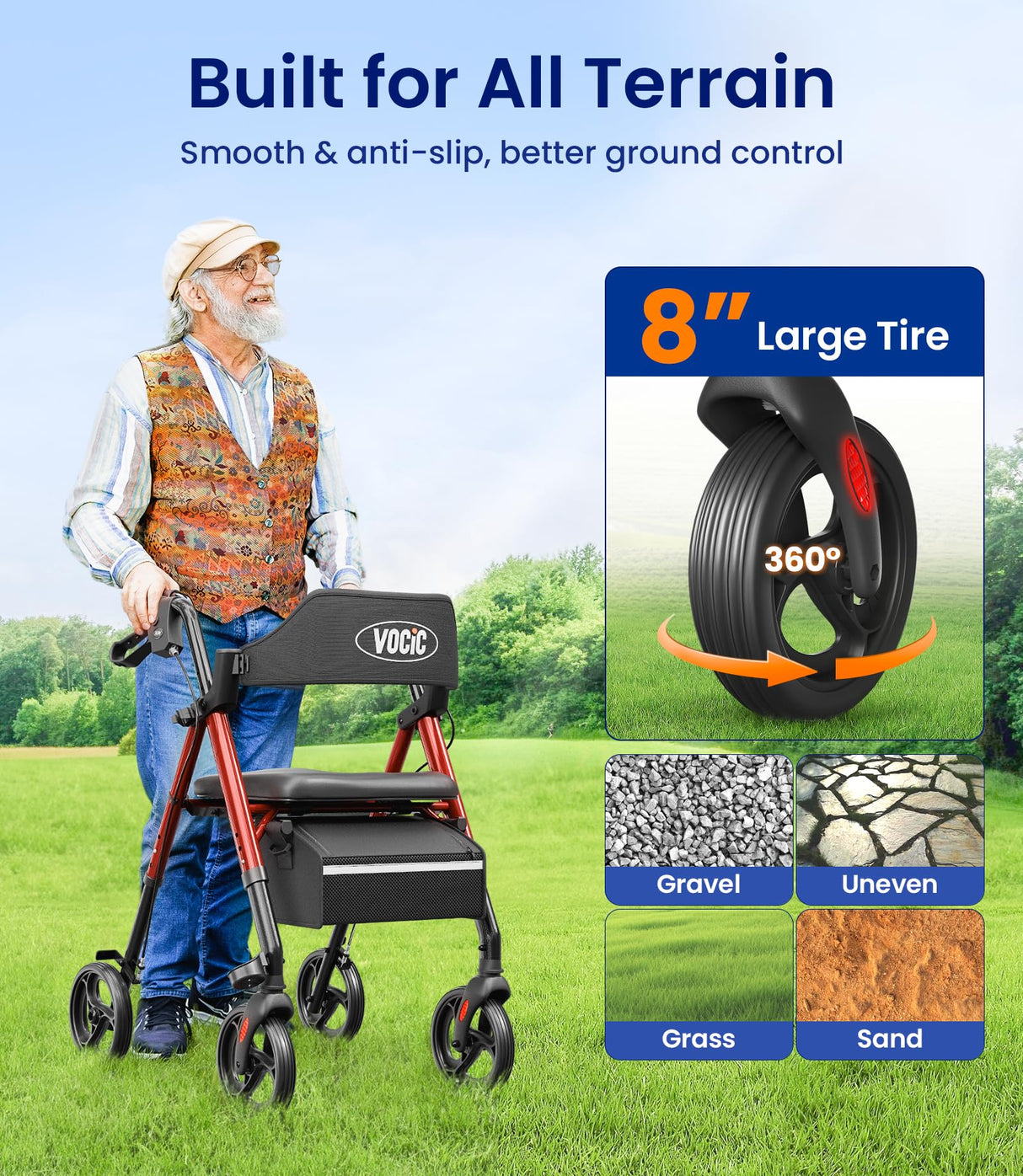 VOCIC Walkers for Seniors, Z21 Rollator Walker with Seat Supports 350lb, 8" Big Wheels for All Terrain, Ergonomic Arc Seat & 6" Ultra Backrest Foldable Walker, Dual Height Adjustment, Lightweight 2025