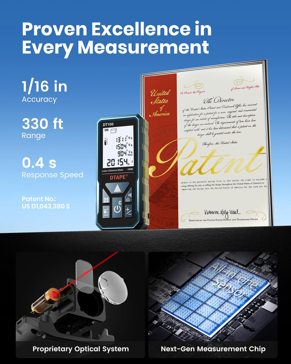 DTAPE 330 Ft Laser Measuring Tool, 1/16" High-Accuracy Laser Tape Measure, 2" Backlit LCD Display Laser Measure, Ft/In/Ft+In/M Electronic Tape Measure, Distance/Area/Volume/Indirect Laser Range Finder