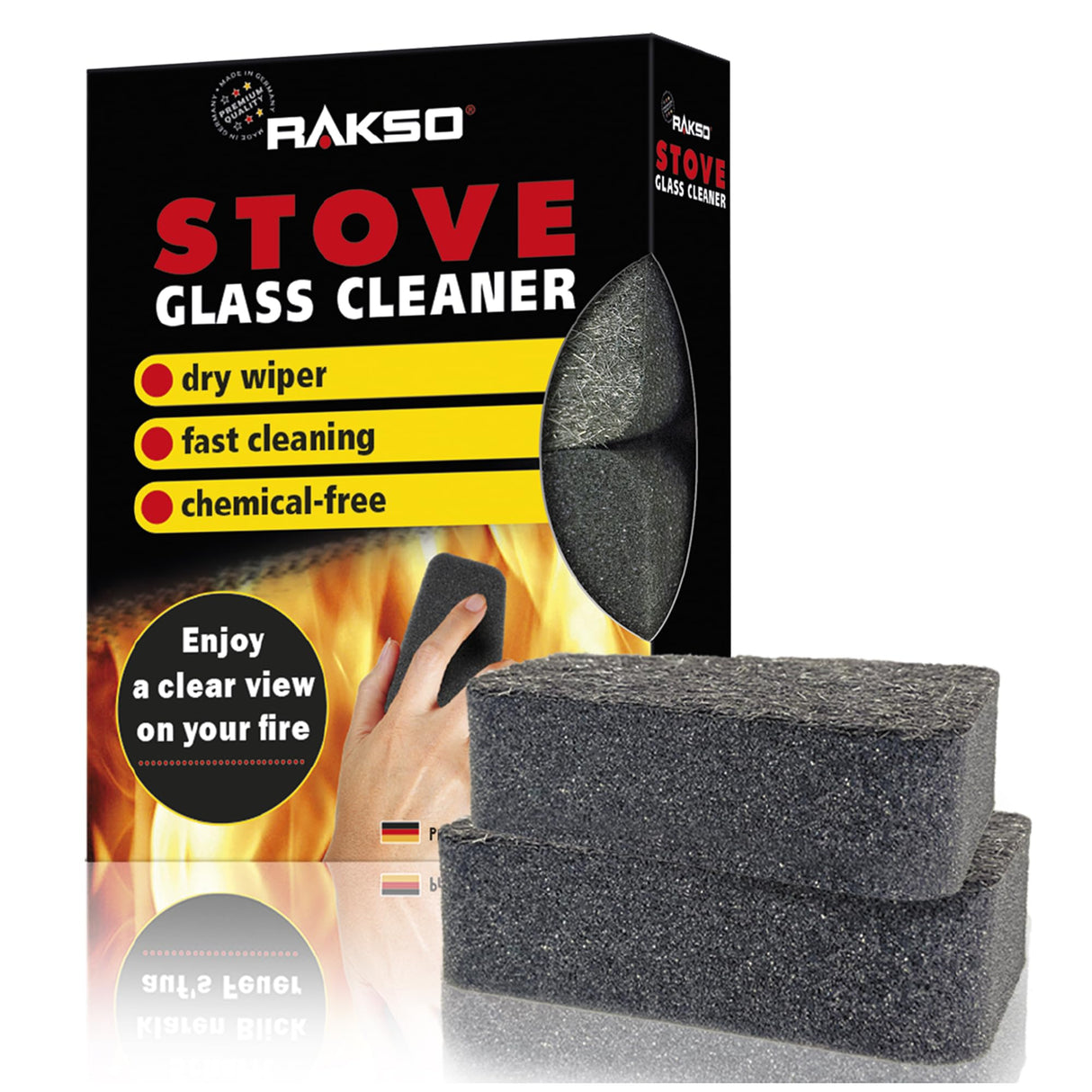 RAKSO Stove Glass Cleaner for woodburning stoves and Burners, Sponge, Fireplace Cleaner, Glass pane Cleaner, 2 Pieces, Black