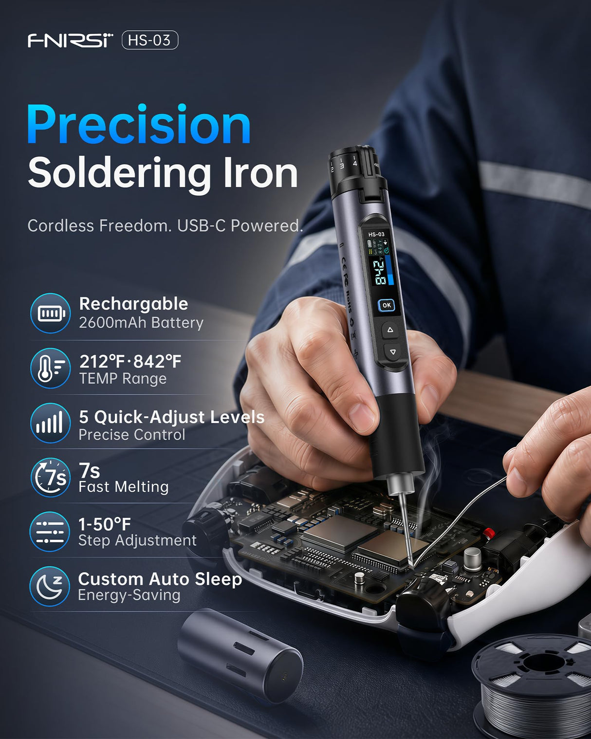 FNIRSI HS-03 Cordless Soldering Iron Kit, 2600mAh Battery Portable Soldering Iron, 212-842°F, 3s Fast Heating, 5-Level Temp, 0.96" IPS Display Soldering Iron for Electronics Repair, DIY, PCB