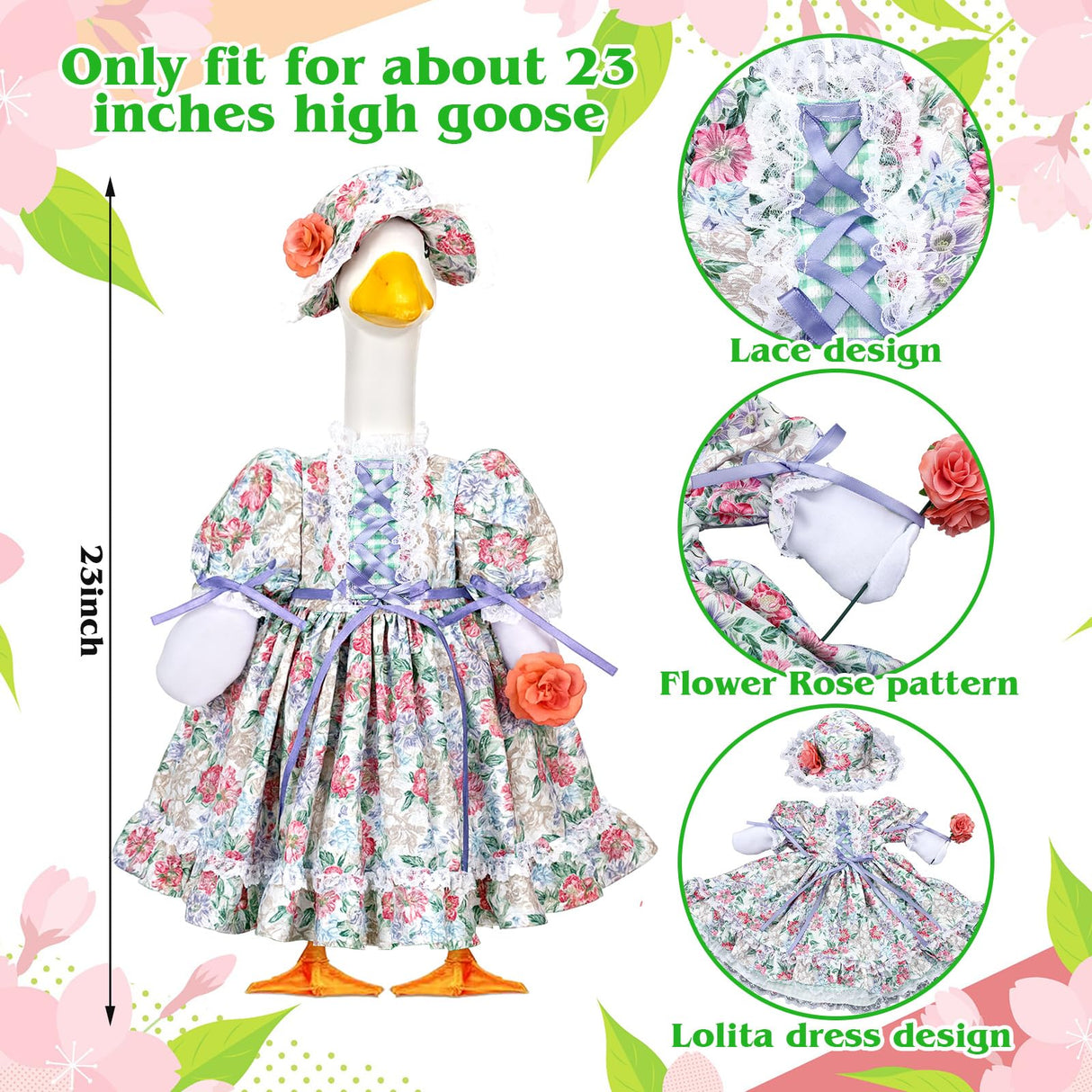Suzile Porch Goose Outfit Set Spring Flower Lolita Dress Hat Clothes for 23'' Porch Goose Plastic Cement Statue Costume for Spring Easter Primitive Rustic Summer Outdoor Patio Yard Lawn Decor