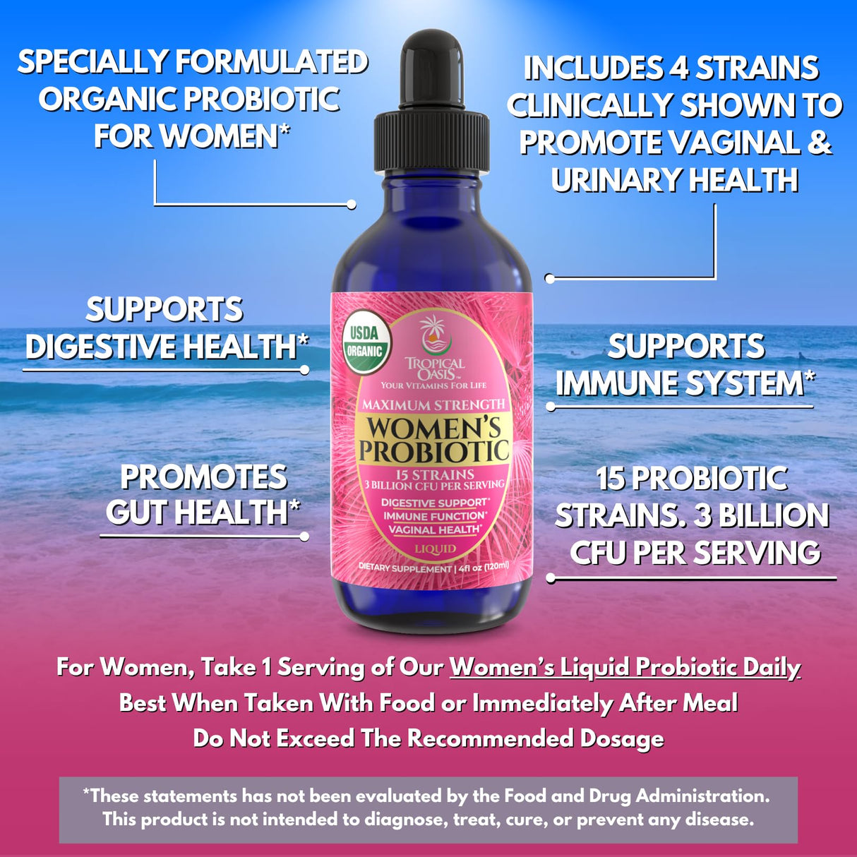 USDA Organic Liquid Probiotic for Women | PH Balance, UT, & Feminine Health | Digestive Support, Immune & Gut Health | 15 Clinically Studied Strains | 98% Absorption | Vegan, Non-GMO | 40 Servings