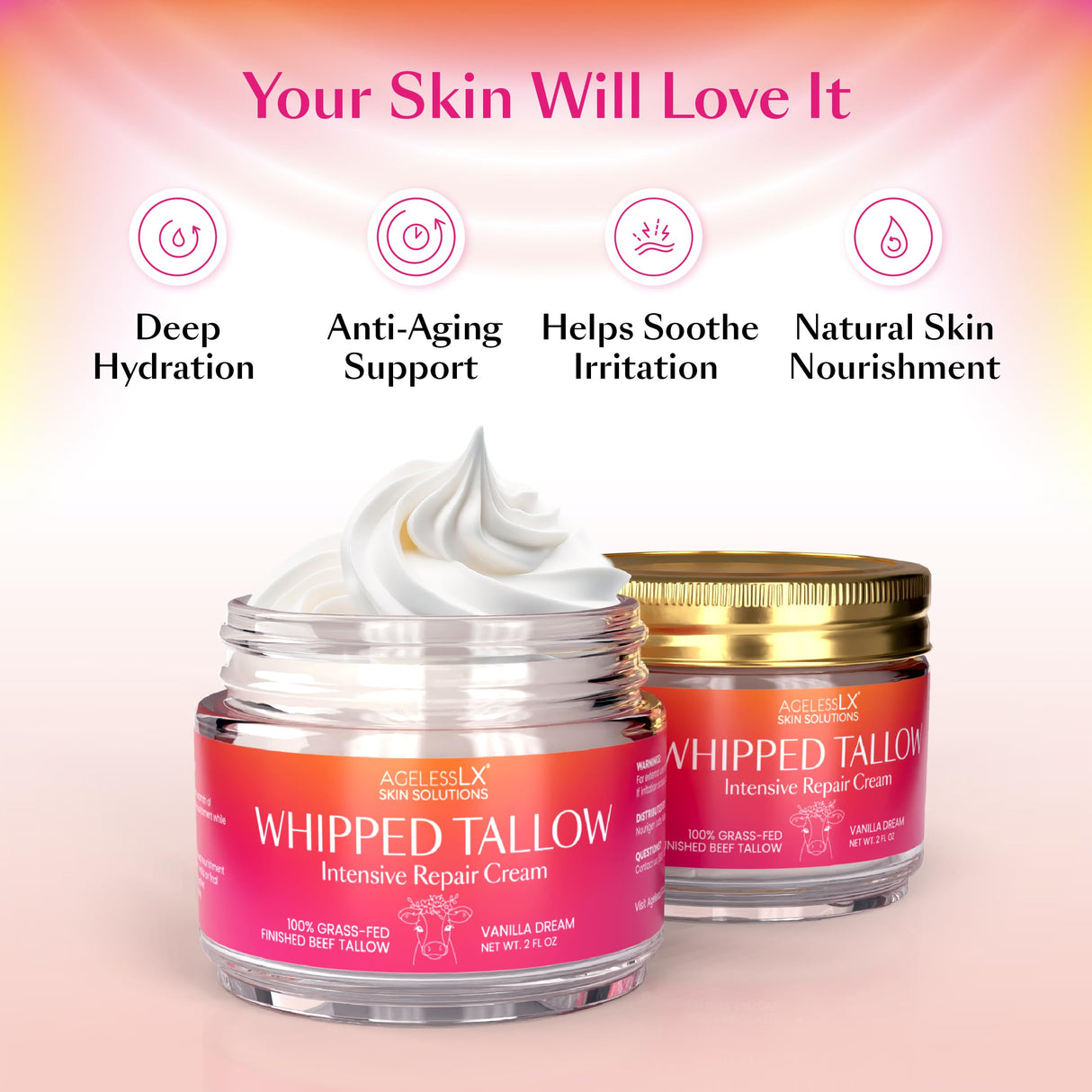 100% Grass Fed Beef Tallow for Skin - Face and Body - No Oils Added, Whipped Tallow Balm - Deep Hydration and Skin Repair - Vanilla Essence - Soothes Dry Skin and Irritation - Fast-Absorbing