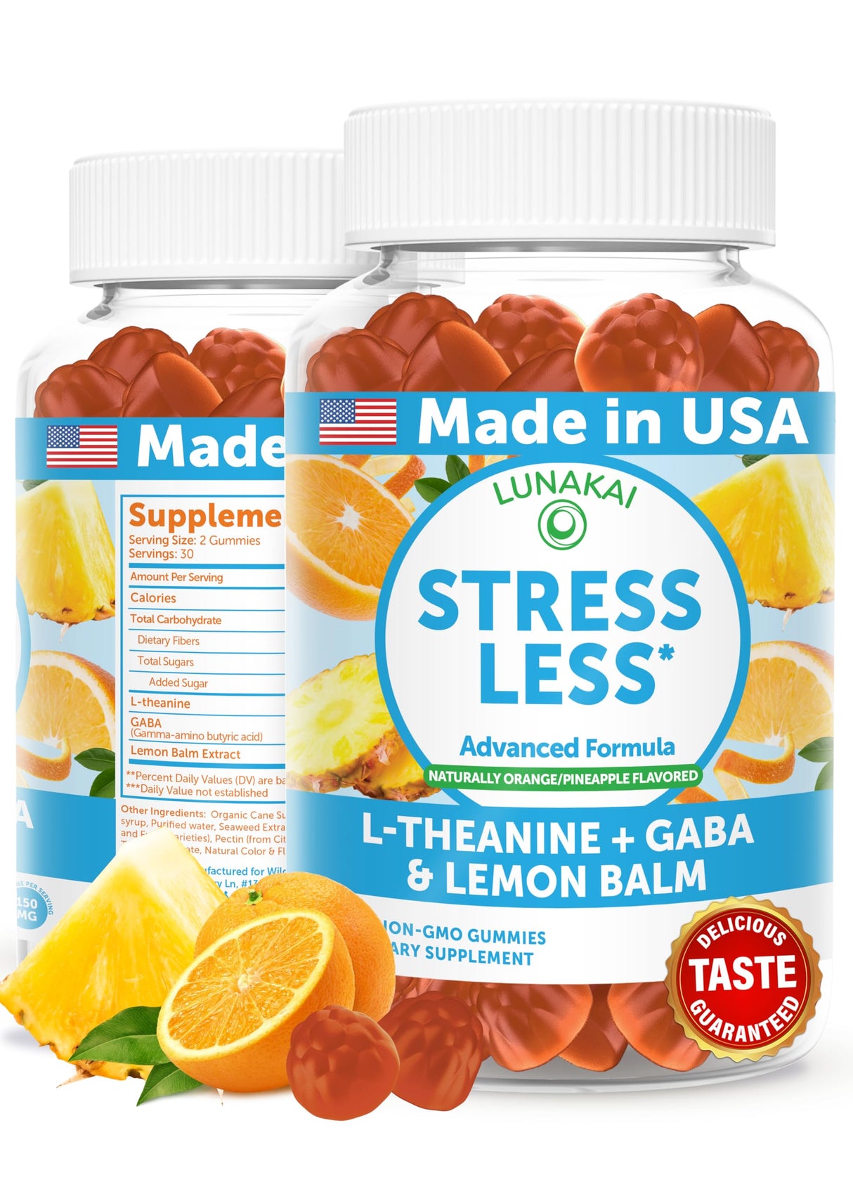 Lunakai USA Made Calm & Stress Relief Gummies – Delicious GABA + L-Theanine Calming Supplement for Adults & Kids – Natural Stress Support, 60ct