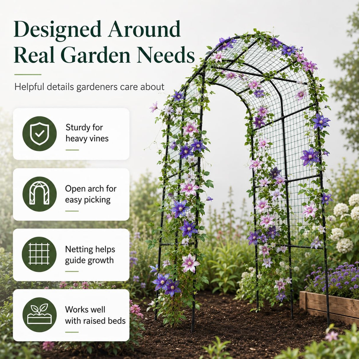 FOLLOOK Garden Arch Trellis for Climbing Plants Outdoor, 7.8 ft, Black