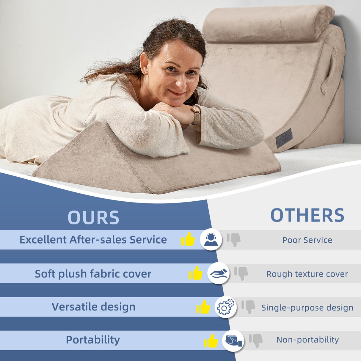 Axelrod 4PCS Orthopedic Bed Wedge Pillow Set, Post Surgery Foam for Back, Neck and Leg Pain Relief Comfortable & Adjustable Pillows- Anti Snoring, Heartburn, Acid Reflux & GERD Sleeping Light Brown