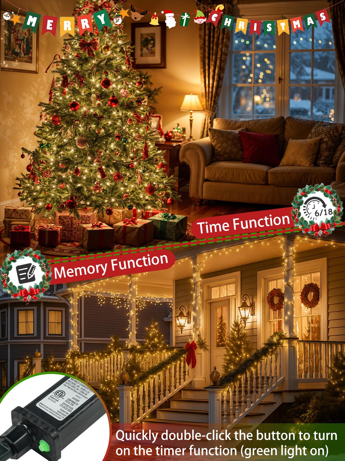 2-Pack 66FT 200 LED Christmas Lights, 13 Modes Extendable Christmas Tree Lights with Timer & Memory, Waterproof Twinkle Fairy Lights Green Wire Outdoor String Lights Indoor for Xmas Tree (Warm White)