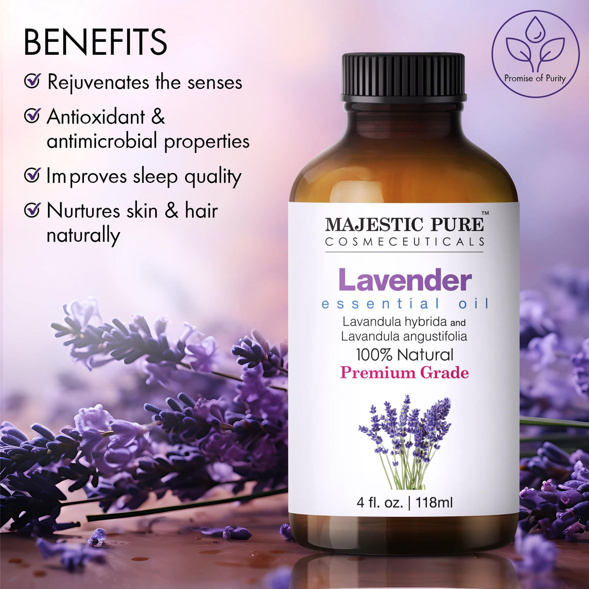 Majestic Pure Lavender Essential Oil | 100% Natural | Premium Grade Essential Oils for Hair Care, Home Diffusers, Skin, Aromatherapy, Massage and Humidifiers | 4 Fl Oz (Pack of 2)