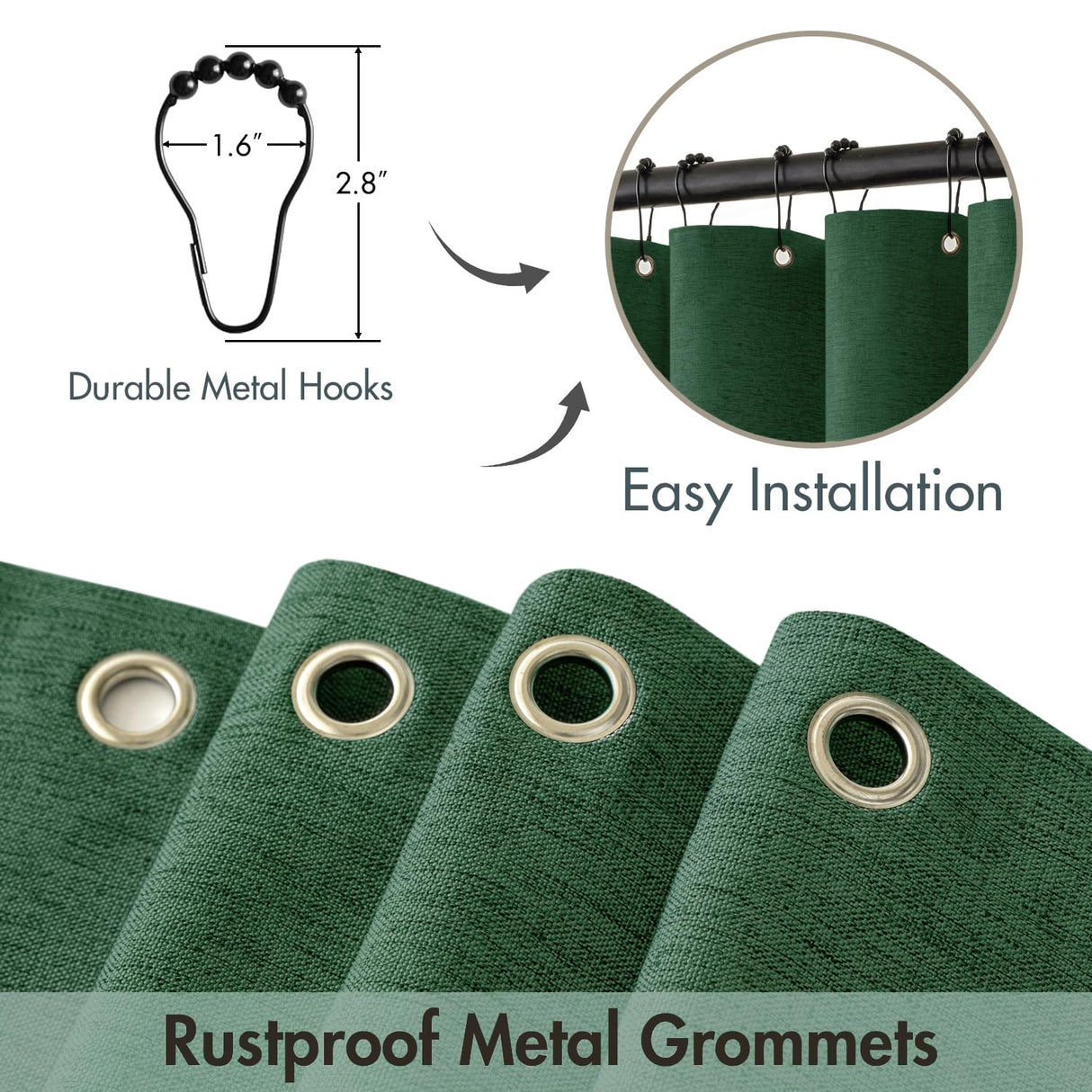 MIULEE Christmas Dark Green Scalloped Shower Curtain Linen Textured with 12 Metal Hooks Cute Heavy Duty Washable Waterproof Thick Cloth Shower Curtains with Black Border for Bathroom Hotel,W72*L72