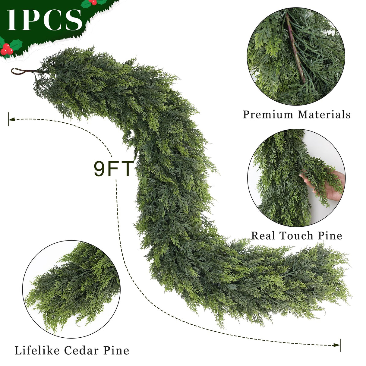 Real Touch Cedar Garland - Artificial Christmas Garlands Faux Green Cedar Fake Pine Needles Garland for Fireplace,Table, Stairs, Mantle, Window,Indoor Outdoor,Home,Holiday Decor(1 PCS,9 FT)