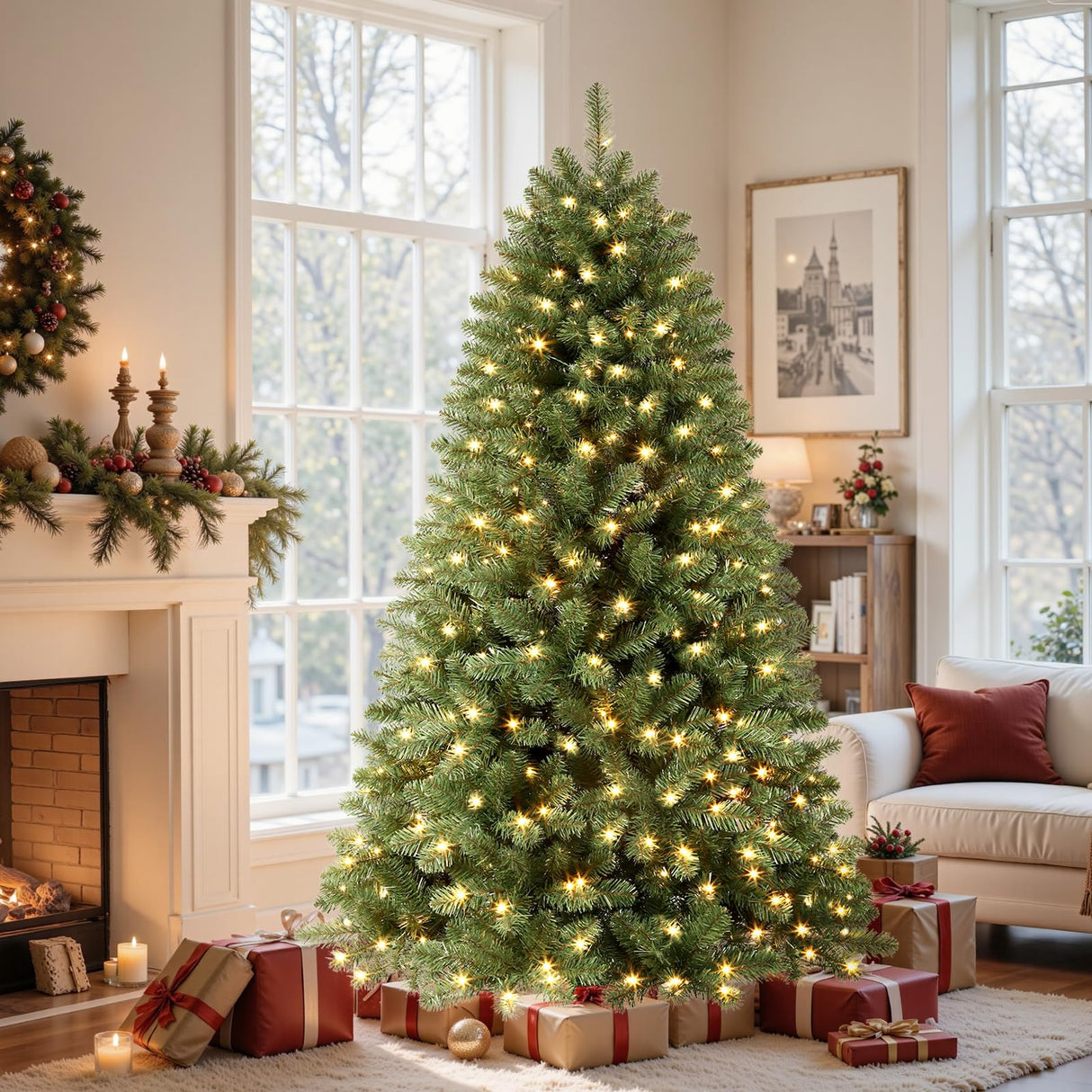 SHareconn 7.5ft Prelit Premium Artificial Classic Spruce Christmas Tree with Pre-lit 350 Warm White Lights, 1170 Branch Tips and Foldable Stand, Perfect Choice for Xmas Decoration, 7.5 FT, Green