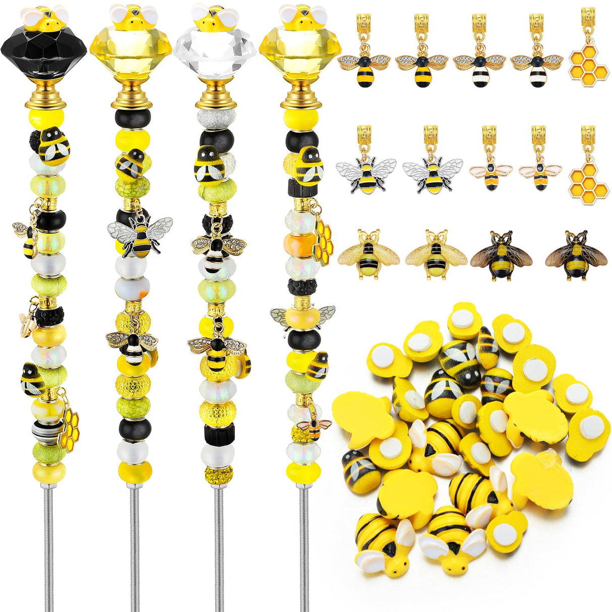Lineshading 118 Pcs Bee Garden Stakes Fairy Wand DIY Beaded Stakes Garden Decor Includes 4 Crystal Stopper Top 10 Bee Pendant 68 Large Hole Beads 4 Threaded Rods 4 Pcs Nuts, for Craft Supply