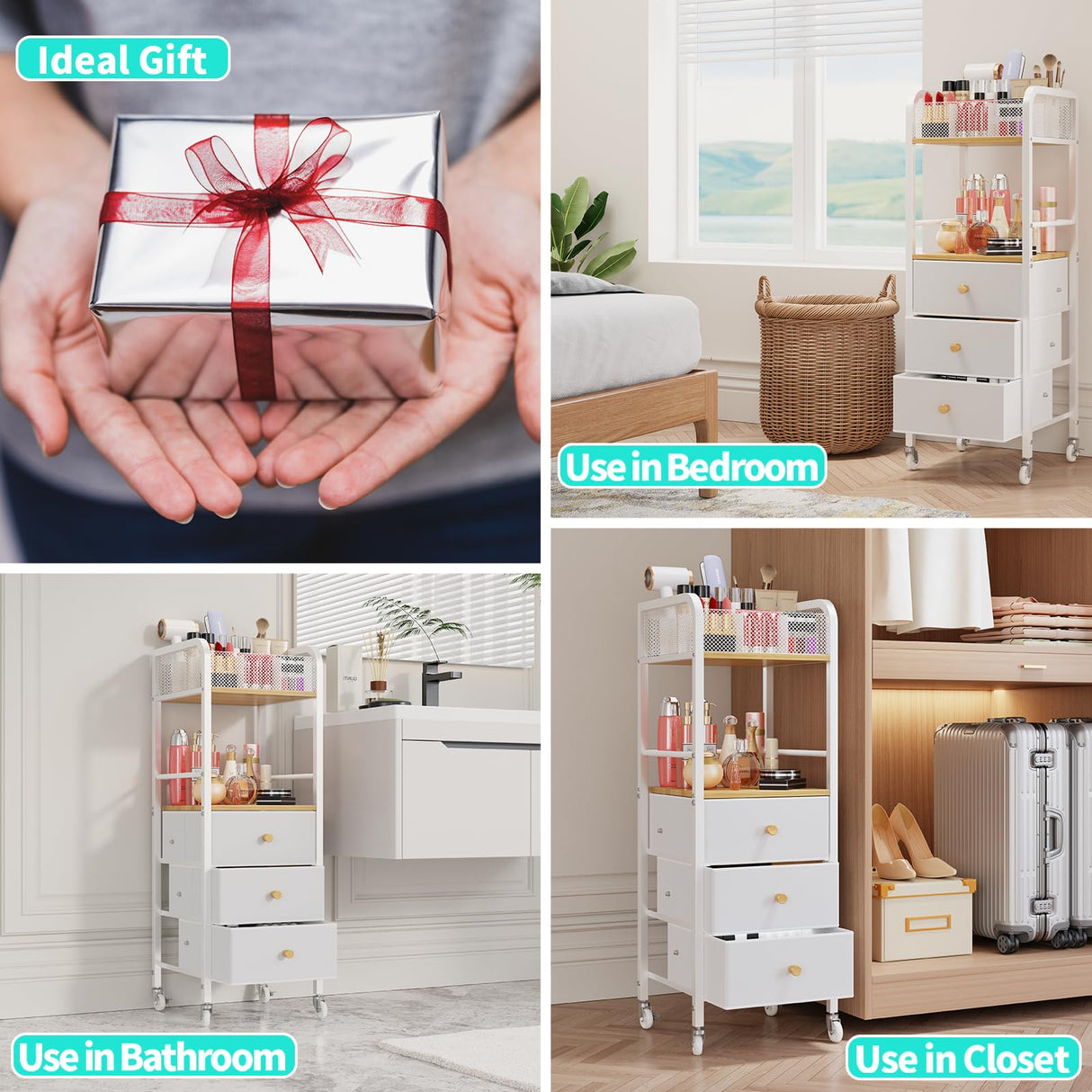 HapiRm Rolling Makeup Cart Organizer - Floor Skincare Make Up Storage with 3 Drawers, Vanity Organizer Cosmetic Display Cases Holder for Skin Care Perfume Nail Polish Brush Hair Tool