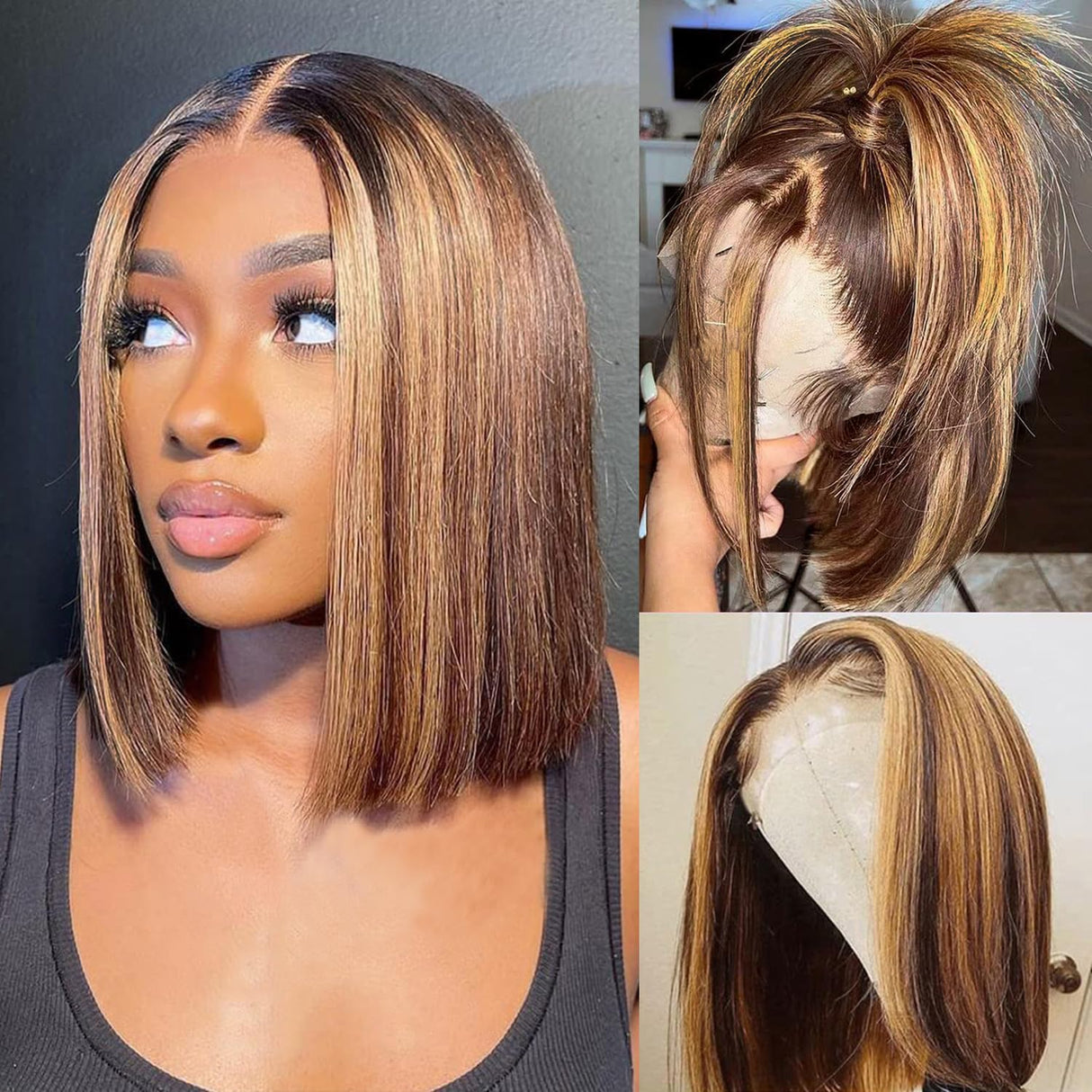 Bob Wig Human Hair Highlight Ombre 13x4 Lace Front Wigs 4/27 Honey Blonde Glueless Wigs Human Hair Pre Plucked with Baby Hair 180 Density 12A Short Bob Wigs for Women 12 Inch