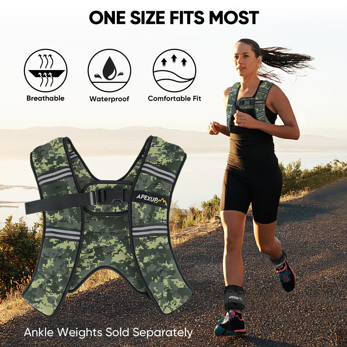 APEXUP Weighted Vest with 5lbs/10lbs/15lbs/20lbs/25lbs/30lbs Weights and Reflective Stripe, Weight Vest Men Women for Workout, Strength Training, Running (Green Digi Camo, 10lbs)