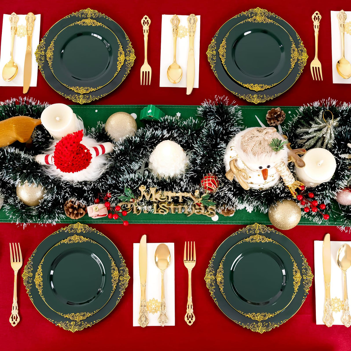 Joyido 102PCS Green and Gold Plates - Green Plastic Plate - Fancy Heavy Duty Disposable Plates - Heavyweight Disposable Dinner & Dessert Plate for 51 Guests for Party & Christmas