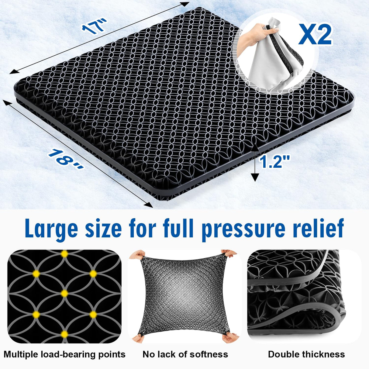 Seat Cushion, Gel Seat Cushion, Breathable Cool Suitable as Office Chair Cushion, Car Seat Cushion, Wheelchair Cushion, Large Size, Strong Support, Relieve Sciatica and Backache, 2 Anti-Slip Covers