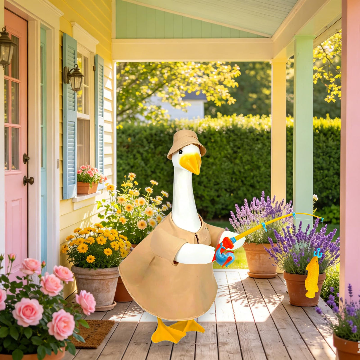Terreva Fishing Porch Goose Outfits, Fisherman Costume for 23 Inch Plastic/Cement Goose, Goose Sculpture Clothes for Summer Yard Patio Party Decoration(Fishing Enthusiast 1)
