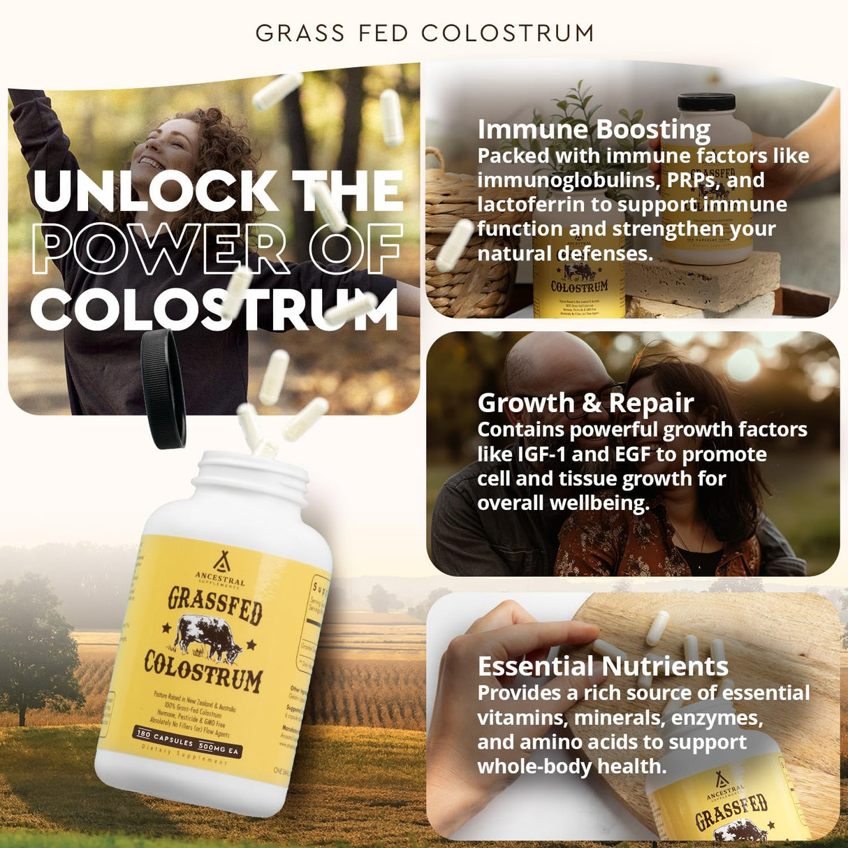 Ancestral Supplements Grass Fed Beef Colostrum Supplement, 3000 mg, Offers Immune Support and Promotes Gut Health, Athletic Performance, Healthy Iron Levels, Growth and Repair, Non GMO, 180 Capsules