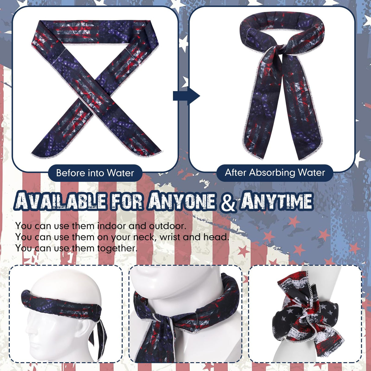 Lenwen 12 Pcs Cooling Neck Wraps Flag Ice Cool Scarf Neck Cooler Bandana Headband for Summer Hot Weather Women Men Golf Riding Outdoor