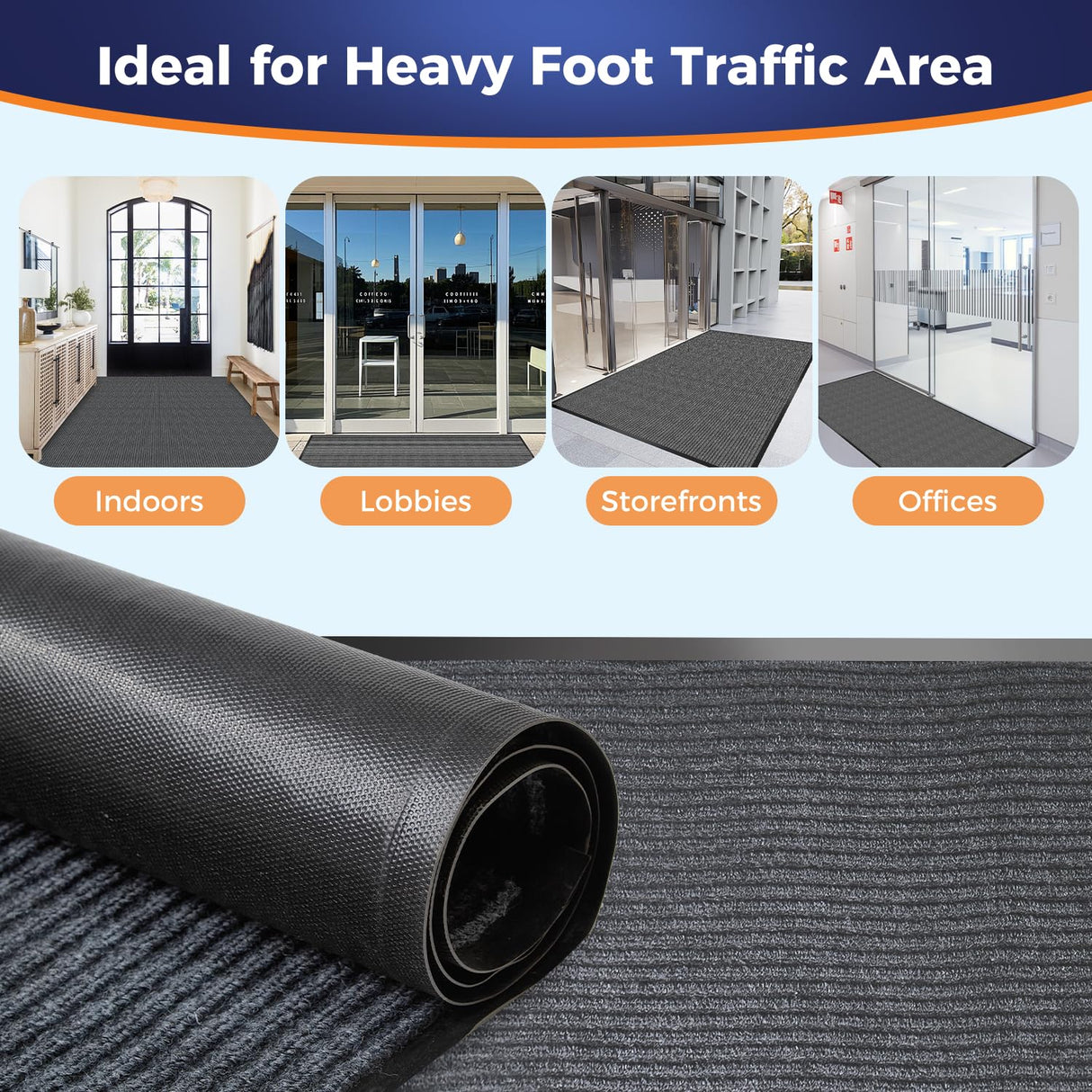 MossGrip Commercial Floor Mat, 3 x 5 FT Extra Large Door Mat, Indoor/Outdoor Entrance Mat, Commercial Rug with Water & Stain Proof, Easy to Clean, Low-Profile, Heavy Duty Rubber Mat, Charcoal Grey