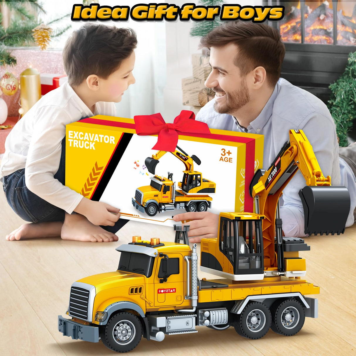 Bstoyder Kids Toys for 3 4 5 6 7 8 Years Old Boys, Large Excavator Truck Toy with Lights, Sounds, Toddler Friction Powered Truck Vehicle Toy for Boys Girls Christmas Birthday Gifts