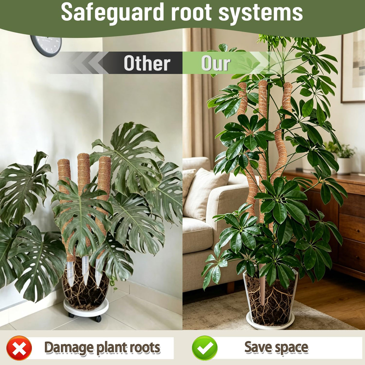 3-in-1 Moss Pole, Bendable 30IN Monstera Plant Support for Indoor-2 Pack