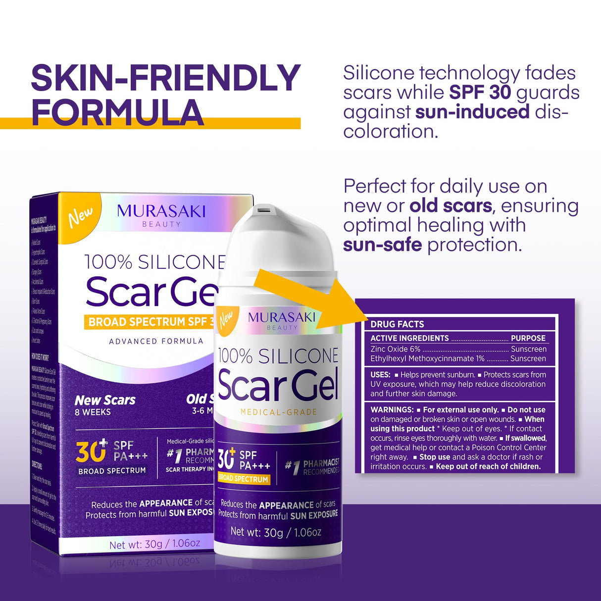 Silicone Scar Gel Scar Cream: SPF 30 Advanced Medical-Grade Formula for Surgical Scars, C-Section, Stretch Marks, Acne, Burns, Keloids, Old & New Scars – Broad Spectrum UV Protection 1.06oz (30g)